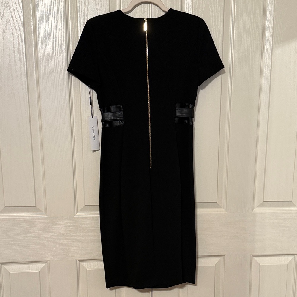 Calvin Klein Black Midi Sheath Dress with Faux-Leather Waist Tie - Picture 5 of 5